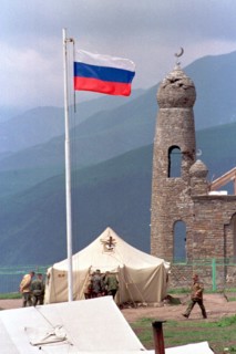 This minaret near the settlement of tuskhoroi in the argun gorge was a part of the ancestral estate of yandarbiyev, one of the leaders of chechen rebels, now the military tents are put there to accomo...