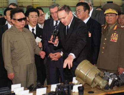 Novosibirsk, russia, august 11, 2001, director general of the novosibirsk instrument-building plant yuri metelsky (c) pictured demonstrating the production of his plant - some infra-red night vision d...