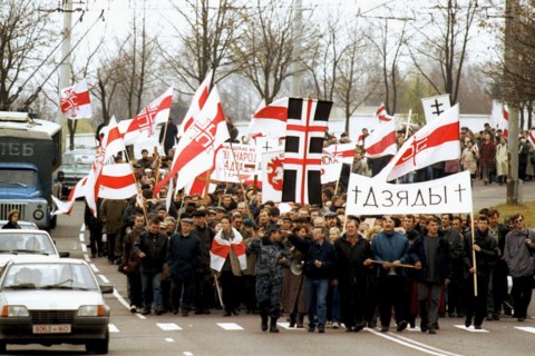 Minsk, belorussia, october 29, 2000, a view of the funeral mach to kuropaty, in the outskirts of minsk where tens of thousands of innocent people had been shot dead during the years of the stalinist p...