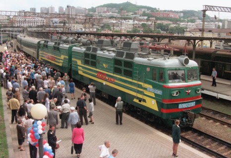 Vladivostok, russia, moscow to vladivostok train with veteran railway workers, famous writers and journalists pulls into rail station in vladivostok after a 9288 km (5,771 m) long journey marking the ...