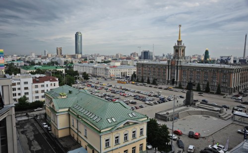 Yekaterinburg, russia, 2011, view of vysotsky business centre, a 54 storey skyscraper (far).