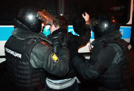 Moscow, russia, december 5, 2011, police detain demonstrators during an opposition protest in central moscow against alleged vote-rigging in the december 4 parliamentary election.