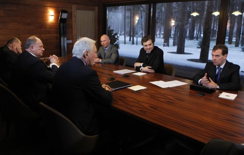 Moscow region, russia, december 13, 2011, president of russia dmitry medvedev, deputy kremlin chief of staff, vladislav surkov, leader of the ldpr party's state duma faction igor lebedev (background r...