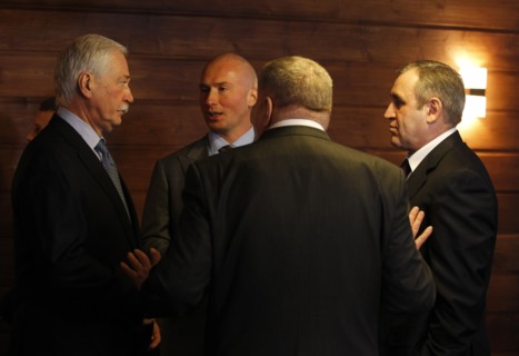 Moscow region, russia, december 13, 2011, leader of the liberal-democratic party (ldpr) vladimir zhirinovsky (from the back), state duma speaker boris gryzlov, leader of the ldpr party's state duma fa...