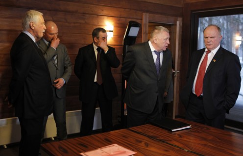 Moscow region, russia, december 13, 2011, state duma speaker boris gryzlov, leader of the ldpr party's state duma faction igor lebedev, secretary of united russia's general council presidium sergei ne...