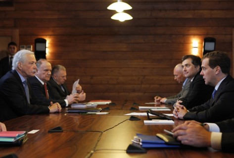 Moscow region, russia, december 13, 2011, president of russia dmitry medvedev, deputy kremlin chief of staff, vladislav surkov, leader of the ldpr party's state duma faction igor lebedev (r-l), state ...