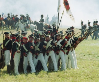 Moscow region, russia, september 3, 2001, participants of the military historical reconstruction of the borodino battle of the war with napoleon of year 1812, dressed as russian infantrymen, pictured ...