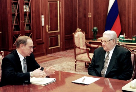 Moscow, russia, march 25, 1999, russian president boris yeltsin (r) talking with director of the russian federal security service (fsb) vladimir putin in the kremlin,on monday vladimir putin was appoi...