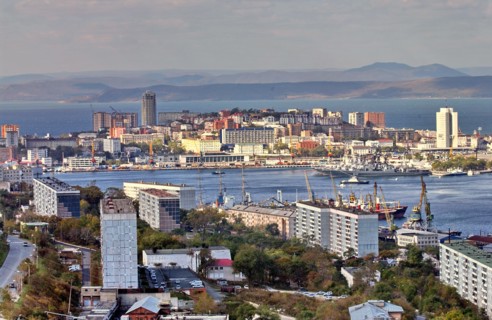 A view of zolotoi rog (golden horn) bay, the shkota peninsula and the amur bay, vladivostok, russia, 2006.