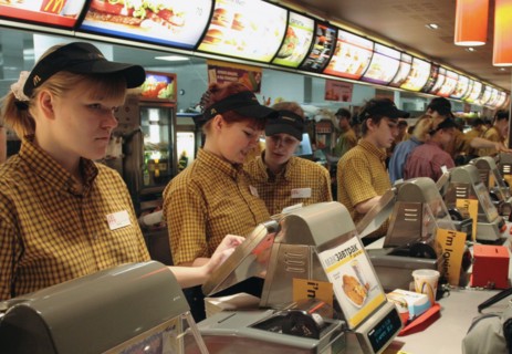 Moscow, russia, november 20, 2006, cashiers at the mcdonald's fast food restaurant in pushkin square, moscow.