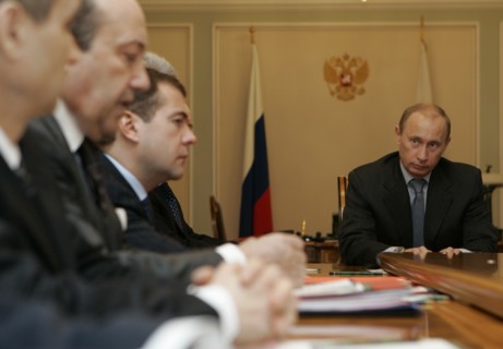 Interior minister rashid nurgaliyev, security council secretary igor ivanov, russian first deputy prime minister dmitry medvedev and russian president vladimir putin (l-r) seen during a security counc...