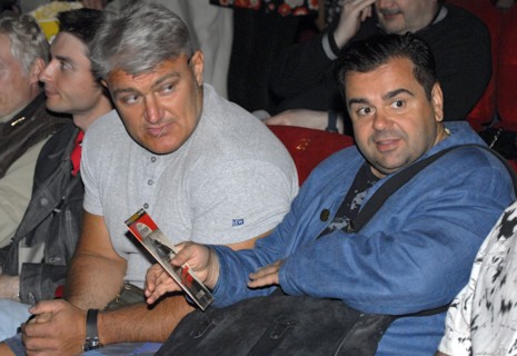 Tv host, athlete vladimir turchinsky, a,k,a, dynamite, (l) and actor sergei rost at moscow's oktyabr cinema where quentin tarantino's highway thriller death proof received its russian premiere, june 5...