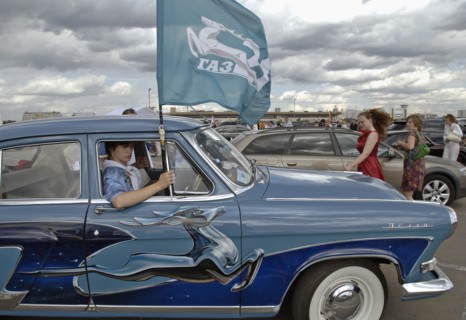 Pobeda car with gaz logo on the sides at custom car painting contest aerograf-2007 in moscow's khodynskoye pole, july 21, 2007.