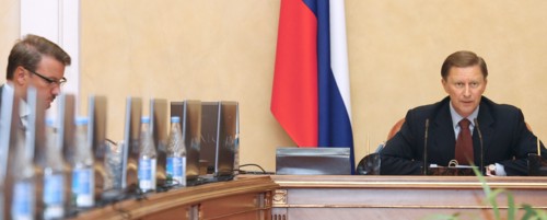Russian economic development and trade minister german gref  (l) and first deputy prime minister sergei ivanov at a session of the committee on industry, transport and the new technologies, moscow, ru...