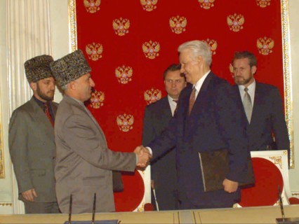 A treaty on peace and principles of mutual relations between the russian federation and the chechen republic of ichkeria has been signed today, on may 12, 1997 by president boris yeltsin and chechen l...