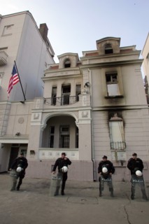 Police officers guarding the us embassy in belgrade, serbia, february 25, 2008.