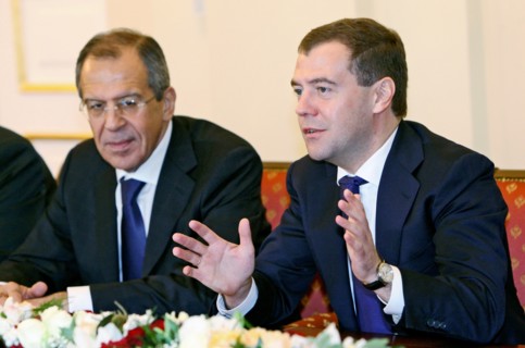 Russian president dmitry medvedev and russian foreign minister sergei lavrov (r-l) appear at the russian- armenian talks, yerevan, armenia, october 21, 2008.