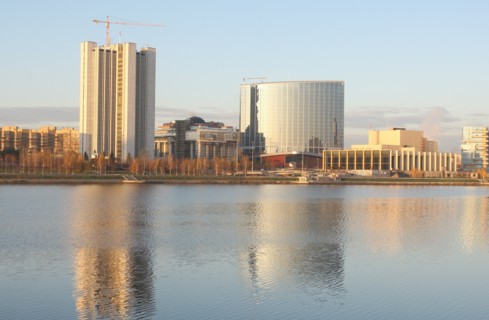 Yekaterinburg, russia, the building of the sverdlovsk region government and the drama theater (r), october 2008.