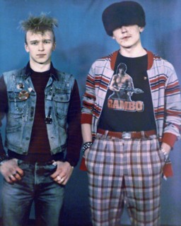Moscow, russia, march 30, 2009, 'punk and lyubertsy gang member' by unknown hotographer on display at an exhibition of soviet underground photographers, entitled rowdies of the 80's, in manezh.