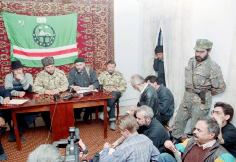 Chechen republic, dudayev's field commanders /left to right/ akhmed zakayev, commander of south-west front of chechen resistant forces uslan gelayev, chief of head quaters of south-west front isa asta...