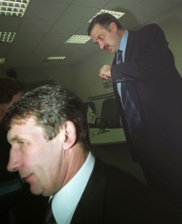 Moscow, russia, december 4, 2002, acting governor of magadan region nikolai dudov (l) and president of a group of companies ist alexander nesis (r) at today's press conference on opening of ore dressi...