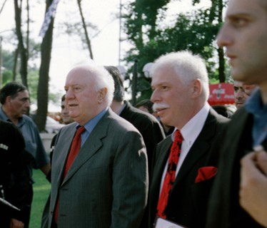 Georgia, august 21, 2003, georgian president eduard shevardnadze (l) and well-known businessman badri patarkatsishvili (r) signed documents on the beginning of construction a health resort 'imedis kal...