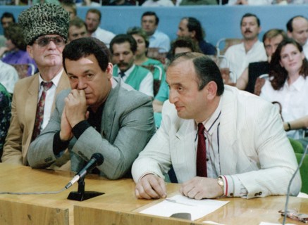 From left to right: mahmud asambayev, singer joseph kobzon and otaryi kvantrishvilyi at a kickboxing tournament in the palace of sports in luzniki, moscow, 1994, this was only a few days before kvantr...