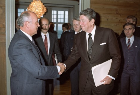 General secretary of the cpsu central committee mikhail gorbachev and president ronald reagan of the usa during their summit meeting in reykjavik, iceland on october 11, 1986.