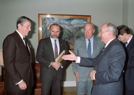 General secretary of the cpsu central committee mikhail gorbachev and president ronald reagan of the usa during their summit meeting in reykjavik, iceland on october 11, 1986.