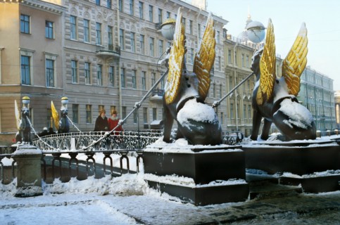 Winged beast statues adorn bank bridge over griboedova canal, st, petersburg, russia.