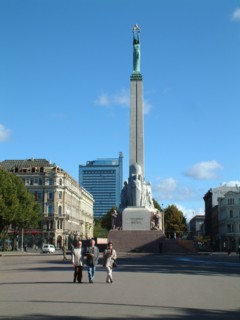 The freedom monument in the center of riga, latvia, 2003, the monument was designed by sculptor k,zale and unveiled in 1935, scenes of latvia's struggle for independence are depicted around the base.