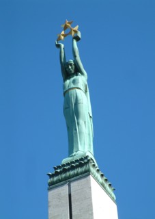 Top section of the freedom monument in the center of riga, latvia, 2003, the monument was designed by sculptor k,zale and unveiled in 1935, scenes of latvia's struggle for independence are depicted ar...