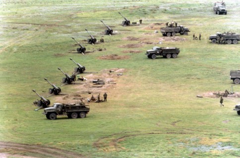 Chechnya, russia, 10/19/99, an artillery battery at a new fire position in chechnya's shelkovskaya district, on the eve of the second stage of the anti-terrorism operation in the northern caucasus, th...