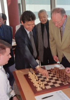 Elista (kalmykia), chess city, russia, september 30 ,1998, president kirsan ilyumzhinov (c) of kalmykia (a republic in the south of russia) who heads the international chess federation and referee ger...