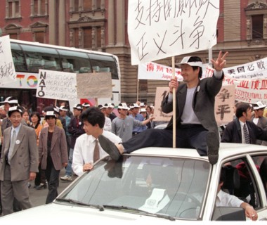 Belgrade,yugoslavia, may 9 2001, in response to the bombing of the chinese embassy in belgrade, about 200 young chinese rally in downtown belgrade on sunday demanding to end the nato`s bombing of yugo...