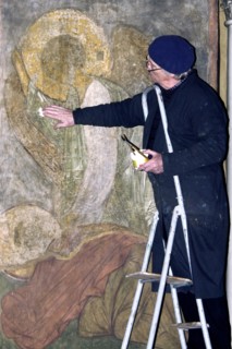 Restorer alexander nekrasov restoring a fresco by andrei rublyov at the assumption cathedral of vladimir, the frescos, included in the unesco world heritage list, are in critical condition now, as the...