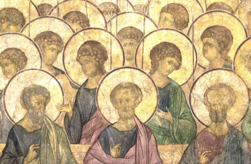 Vladimir, russia, december 5 2002: a fragment of andrei rublyov's fresco 'the last judgement' at the assumption cathedral of vladimir, now under conservation, the frescos, included in the unesco world...