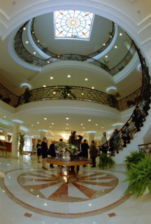 View of the lobby of the baltic star hotel built for accomodation of government delegations as part of the constantine palace complex in strelna, the restored 18th century palace will be the venue of ...