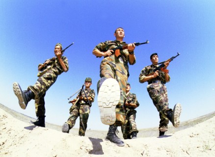 Kazakhstan, september 13, 2000,  young kazakh soldiers enjoy their participation in international exercises