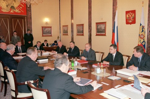 Kremlin, moscow, russian federation, january 30 2002: russia`s president vladimir putin (second right) at a meeting of the presidium of the state council that discussed on tuesday the main directions ...
