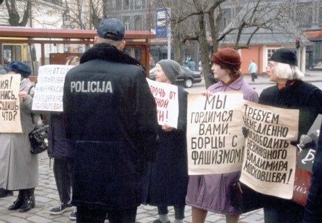 Riga, latvia, april 10 2001: representatives of russian community protesting to support three russian citizens accused of terrorism for their protest action
