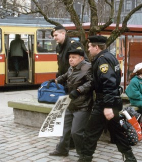 Riga, latvia, april 10 2001: russian citizen, resident of latvia, anatoly nautsevich, was arrested as he took part in unapproved demonstration in support of three other russian citizens, accused of te...