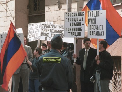 Moscow, april 24, 2001, some 70 armenias  attend a rally at the turkish embassy in moscow on Tuesday