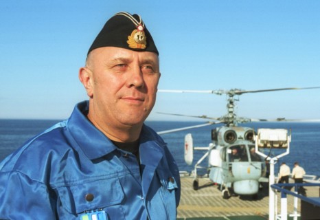 Barents sea, russia, august 26 2001, chief of the group of russian divers, rear-admiral gennady verich on board of the mayo ship during the operation to raise the sunken kursk nuclear submarine.