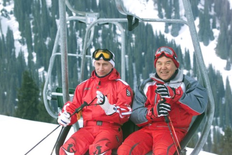 Kazakhstan, march 2 2002 russian president vladimir putin (l) and his kazakh counterpart nursultan nazarbayev pictured on an elevator as they take rest following an informal summit of the cis leaders,...