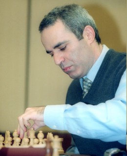 Chess grandmaster garry kasparov playing at the second round of the fide grand prix held in the international trade center early in june 2002.