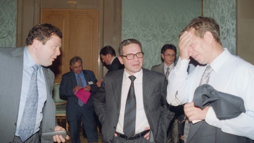 Moscow,russia, june 18 2002: left to right: the chairman of the board of alfa bank mikhail fridman, director general of 'mediasorcium' oleg kiselyov, and vladimir yevtushenkov, the president of the 's...