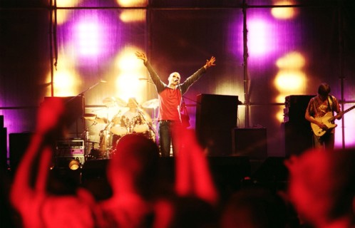 Yurmala, latvia: 2002, rock group 'hobos' from latvia, at night in yurmala on a beach near concert hall 'dzintary' a concert was held with participation of rock groups from latvia, russia, the great b...