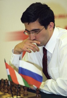 Grand master vladimir kramnik (russia) playing during the last tour of the 'chess match of the century' between russia's national team and the world team, moscow, russia, september 12 2002.