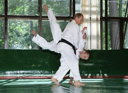 Russian president vladimir putin training in sambo wrestling in novo-ogaryovo presidential residence in june, 2002.